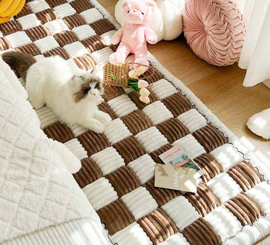 Cream-colored Large Plaid Square Cat & Dog Mat Bed Couch Cover